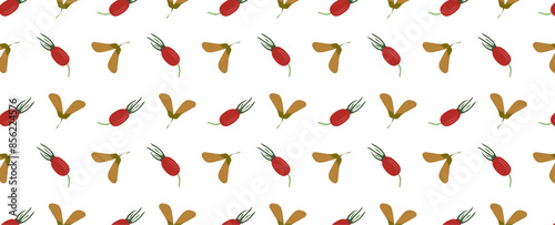 Seamless pattern with maple seeds and rosehip fruits on white background. Fall.  For fabric design, cover, packaging. Vector illustration 