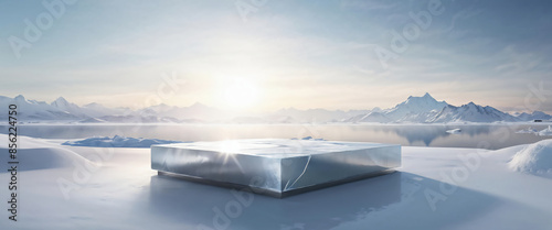 Ice background podium cold winter snow product platform floor frozen mountain iceberg. Podium glacier cool ice background stage landscape display icy stand 3d water nature pedestal arctic concept cave © Five Million Stocks