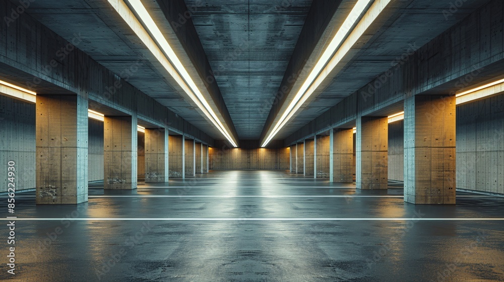 Modern Underground Parking Garage with Concrete Columns and Bright Lighting Modern Underground Parking Garage with Concrete Columns and Bright Lighting