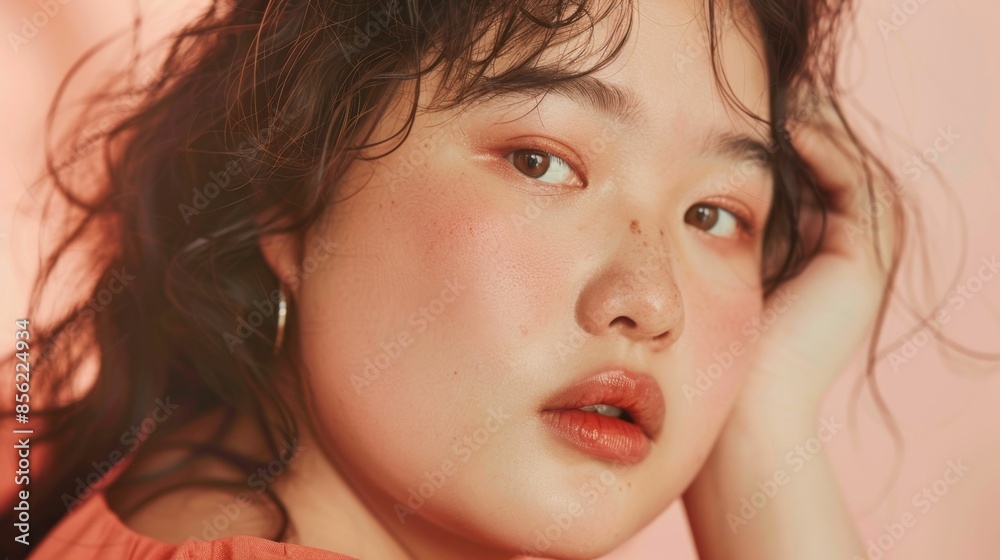 A close-up portrait of a young plus size woman with a soft rosy complexion wearing a subtle makeup look with a hint of pink on her cheeks set against a soft pink background. A close-up portrait of a young plus size woman with a soft rosy complexion wearing a subtle makeup look with a hint of pink on her cheeks set against a soft pink background.