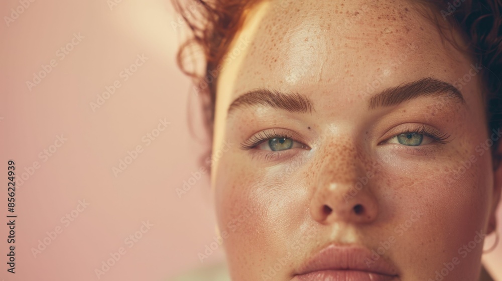Close-up of a woman's face with freckles striking blue eyes and a soft pinkish-beige background. Close-up of a woman's face with freckles striking blue eyes and a soft pinkish-beige background.