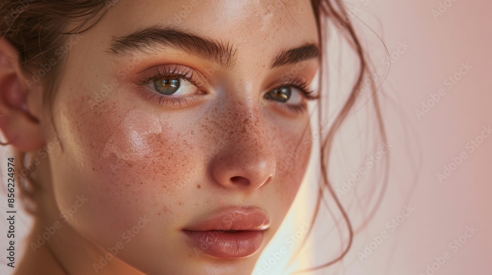 A close-up of a woman with freckles and striking eyes set against a soft-focus pink background evoking a sense of youthful beauty and serenity. A close-up of a woman with freckles and striking eyes set against a soft-focus pink background evoking a sense of youthful beauty and serenity.