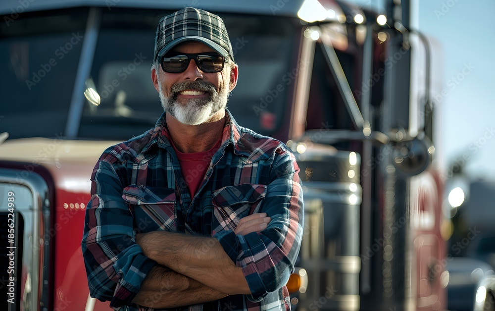 Confident trucker standing in front of truck. Logistics, trucking and transportation service. Transport industry concept. Commercial driver looks at the camera. Confident trucker standing in front of truck. Logistics, trucking and transportation service. Transport industry concept. Commercial driver looks at the camera.