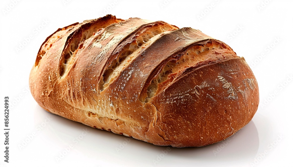 Freshly Baked Artisan Bread Loaf with Golden Crust and Rustic Texture on White Background Freshly Baked Artisan Bread Loaf with Golden Crust and Rustic Texture on White Background