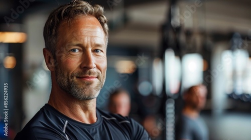 A man with a beard and graying hair wearing a black athletic shirt standing confidently in a gym with a slight smile on his face.