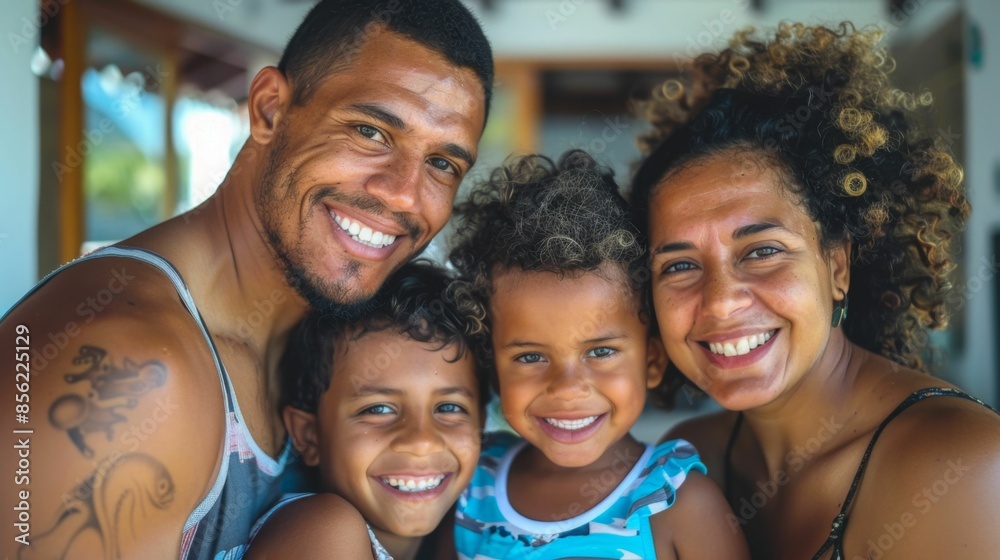 Fototapeta premium A joyful family of four posing for a photo with smiles two adults and two children in a warm and loving moment.