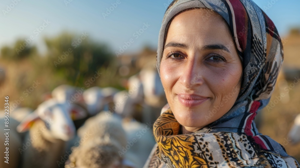 A woman in a patterned headscarf smiling at the camera with a herd of sheep in the background. A woman in a patterned headscarf smiling at the camera with a herd of sheep in the background.