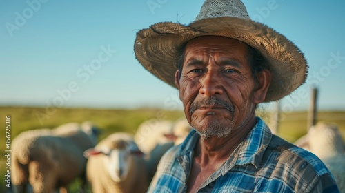 An elderly man with a straw hat and a plaid shirt standing amidst a flock of sheep in a pasture under a clear sky.