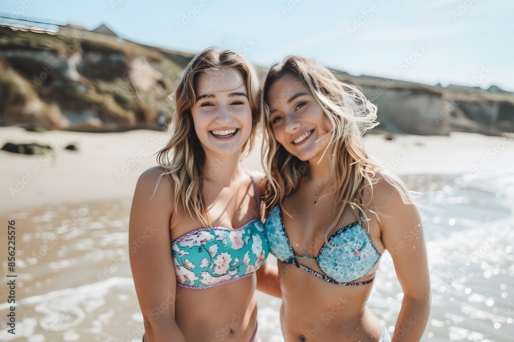 Portrait of two beautiful girls smiling on the beach	
