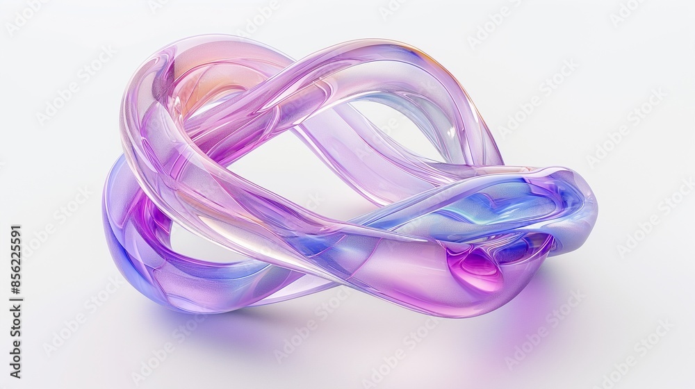 3D render of abstract futuristic twisted glass rings with holographic iridescent texture on white background, colorful pastel colors. 3D render of abstract futuristic twisted glass rings with holographic iridescent texture on white background, colorful pastel colors.