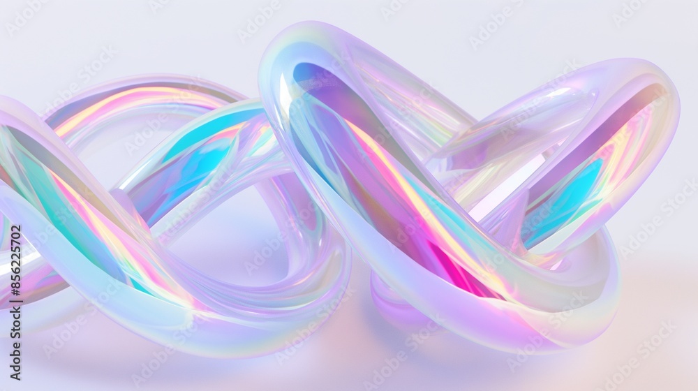 3D render of abstract futuristic twisted glass rings with holographic iridescent texture on white background, colorful pastel colors. 3D render of abstract futuristic twisted glass rings with holographic iridescent texture on white background, colorful pastel colors.