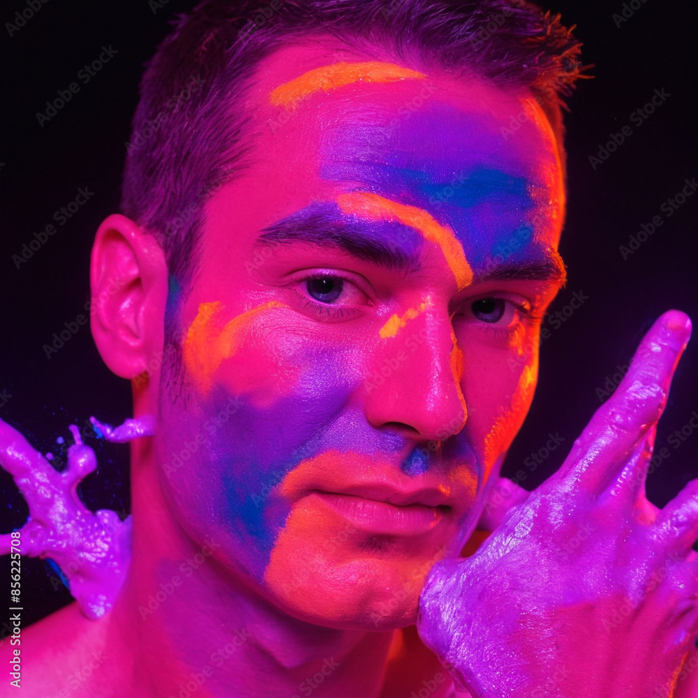 Man with neon paint on face and hand Man with neon paint on face and hand