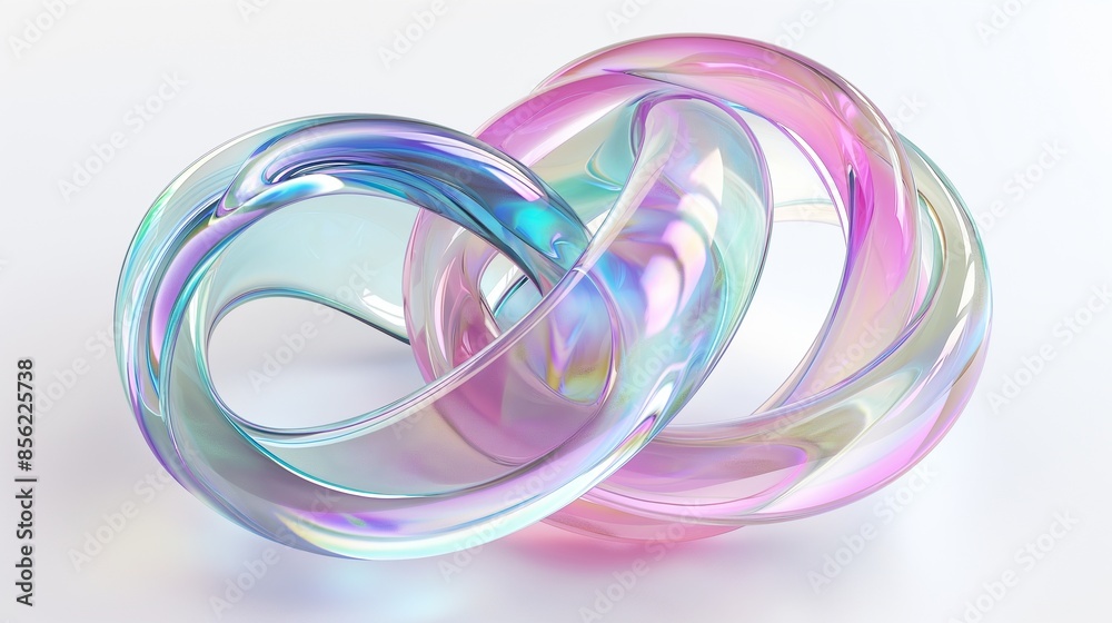 3D render of abstract futuristic twisted glass rings with holographic iridescent texture on white background, colorful pastel colors.