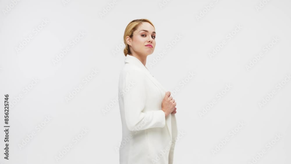 A business blonde woman in a stylish business suit on a white background confidently points her finger at the bottom of the screen. Business, business decisions and finance concept. A business blonde woman in a stylish business suit on a white background confidently points her finger at the bottom of the screen. Business, business decisions and finance concept.