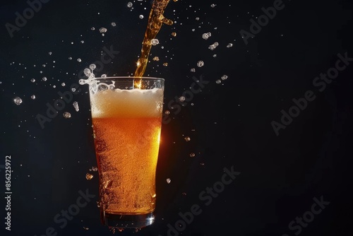 Freeze motion of pouring beer into glass pint isolated on black background