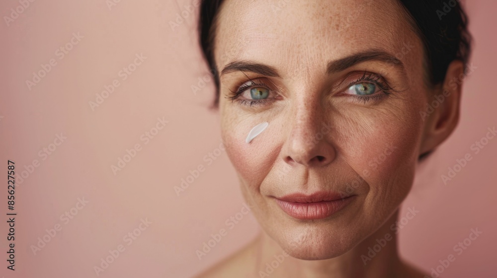 A close-up of a woman with a gentle expression featuring a single white mark on her cheek and a soft warm pink background. A close-up of a woman with a gentle expression featuring a single white mark on her cheek and a soft warm pink background.
