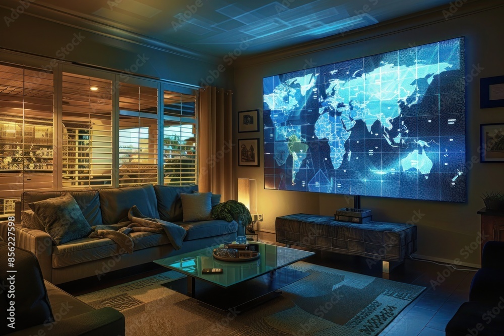 A living room with a wall that can display a map of the world, tracking family members' locations in real-time. A living room with a wall that can display a map of the world, tracking family members' locations in real-time.