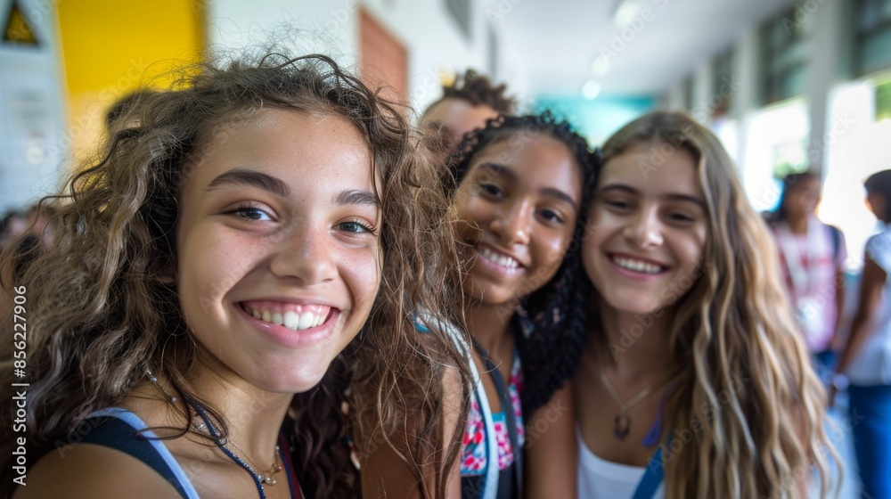 Three young girls with bright smiles standing close together posing for a photo in a hallway with yellow walls and natural light coming through windows. Three young girls with bright smiles standing close together posing for a photo in a hallway with yellow walls and natural light coming through windows.