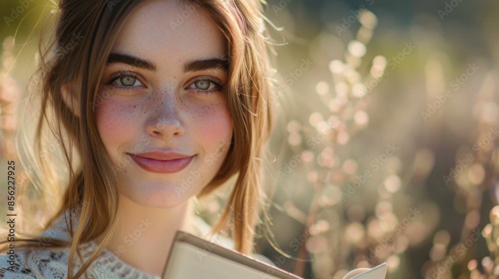 Naklejka premium A young woman with freckles wearing a white top smiling at the camera holding a book in a field with blurred flowers in the background.