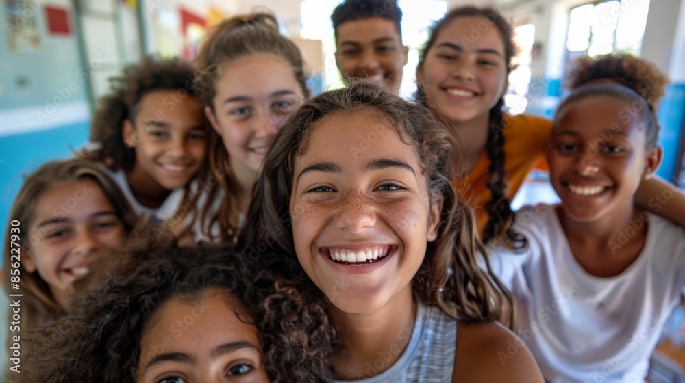 A group of young girls smiling brightly posing together for a photo their joy evident in their expressions and the warmth of their camaraderie. A group of young girls smiling brightly posing together for a photo their joy evident in their expressions and the warmth of their camaraderie.