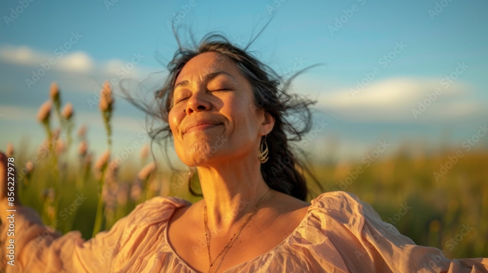 Obraz premium A woman in a pink blouse with her eyes closed smiling and enjoying the breeze in a field of flowers.