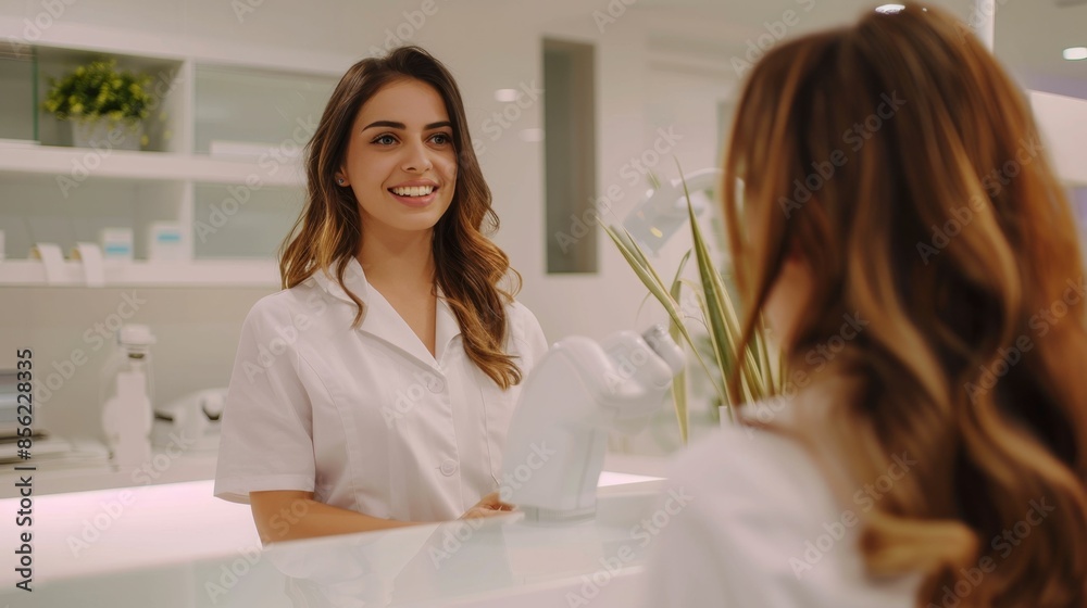 Fototapeta premium A woman in a white lab coat smiling at a customer in a modern clean store environment.