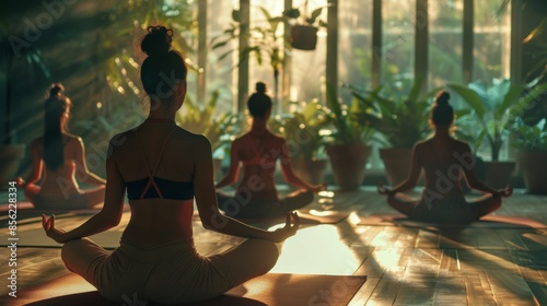 A serene scene of four individuals practicing yoga in a sunlit room with large windows and potted plants embodying a sense of tranquility and mindfulness.