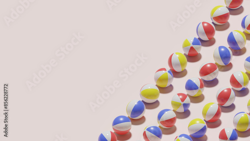 A horizontal 3D render of beach balls arranged diagonally, leaving ample space for copy. This dynamic and playful composition is ideal for various design projects and advertising materials.