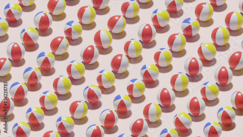 Repeating 3D-rendered beach balls in red tones against a light background, creating a striking and playful pattern.