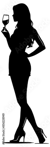 Silhouette in black of a woman holding a glass of wine, isolated 