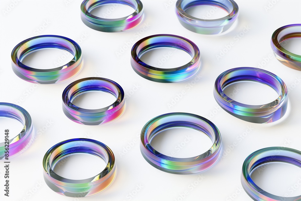 3D rendering of a set of iridescent glass rings floating in space on a white background, highlighting their translucent and reflective properties 3D rendering of a set of iridescent glass rings floating in space on a white background, highlighting their translucent and reflective properties