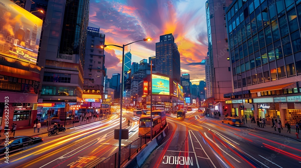 Obraz premium A bustling view of Times Square in the evening, filled with people and illuminated by the iconic bright billboards and advertisements. The sky is painted with soft hues of pink and purple, enhancing t