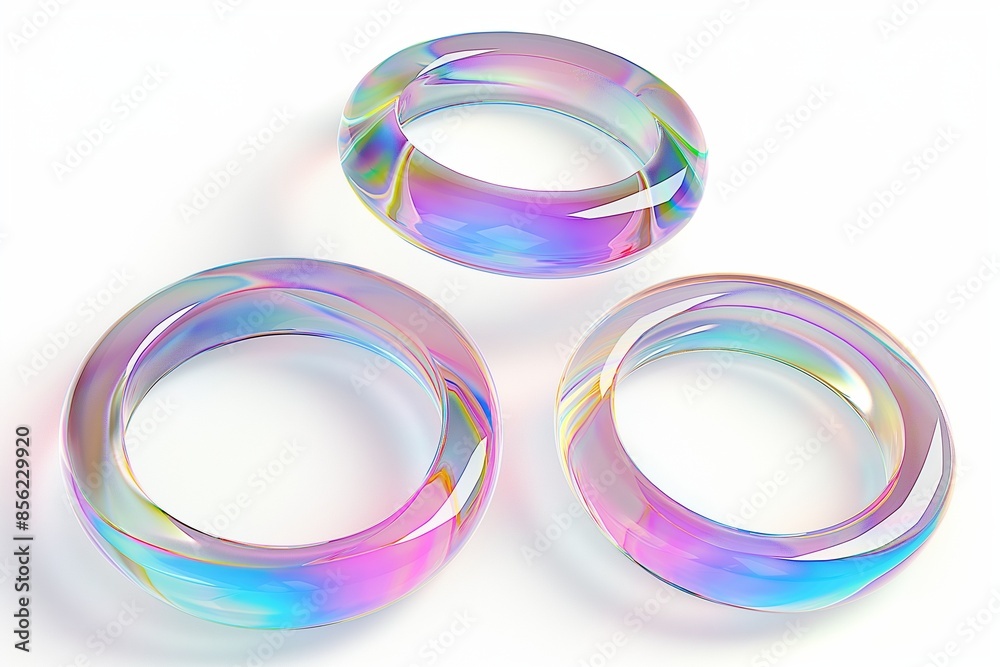 3D rendering of a set of iridescent glass rings floating in space on a white background, highlighting their translucent and reflective properties 3D rendering of a set of iridescent glass rings floating in space on a white background, highlighting their translucent and reflective properties