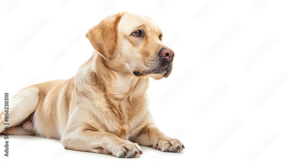 Labrador dog posing in studio isolated on white background representing pet care and friendship with ad space Labrador dog posing in studio isolated on white background representing pet care and friendship with ad space