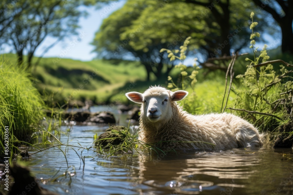 Sheep rests in the green field under tree, sunny sun., generative IA Sheep rests in the green field under tree, sunny sun., generative IA