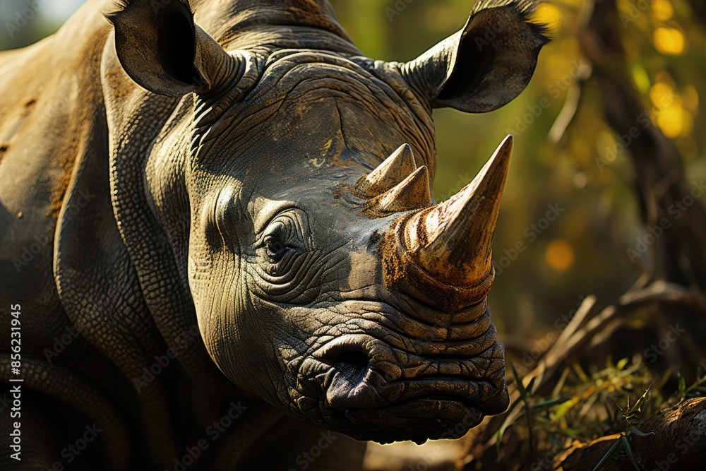 Lonely rhino in the jungle, imposing horn, serene look., generative IA Lonely rhino in the jungle, imposing horn, serene look., generative IA
