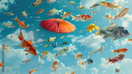 A black umbrella is floating above a school of fish photo