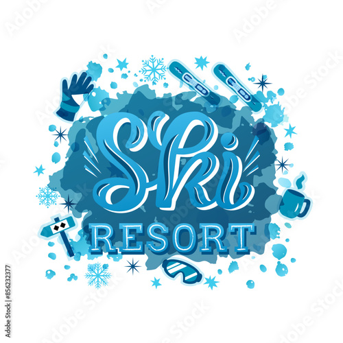 Ski Resort color lettering phrase on textured background. Hand drawn vector illustration with text decor and icons for poster or template. Positive cute quote for winter activity banner or billboard