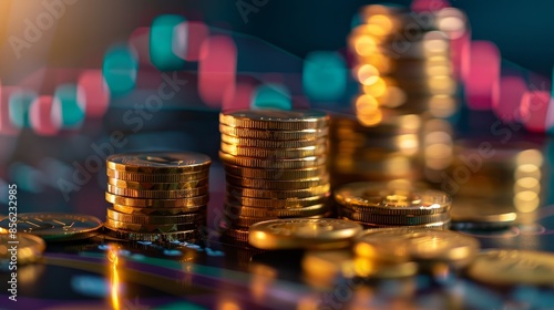 Stacks of shiny gold coins placed on a financial graph with a bokeh background,symbolizing economic growth,investment opportunities,and financial success.