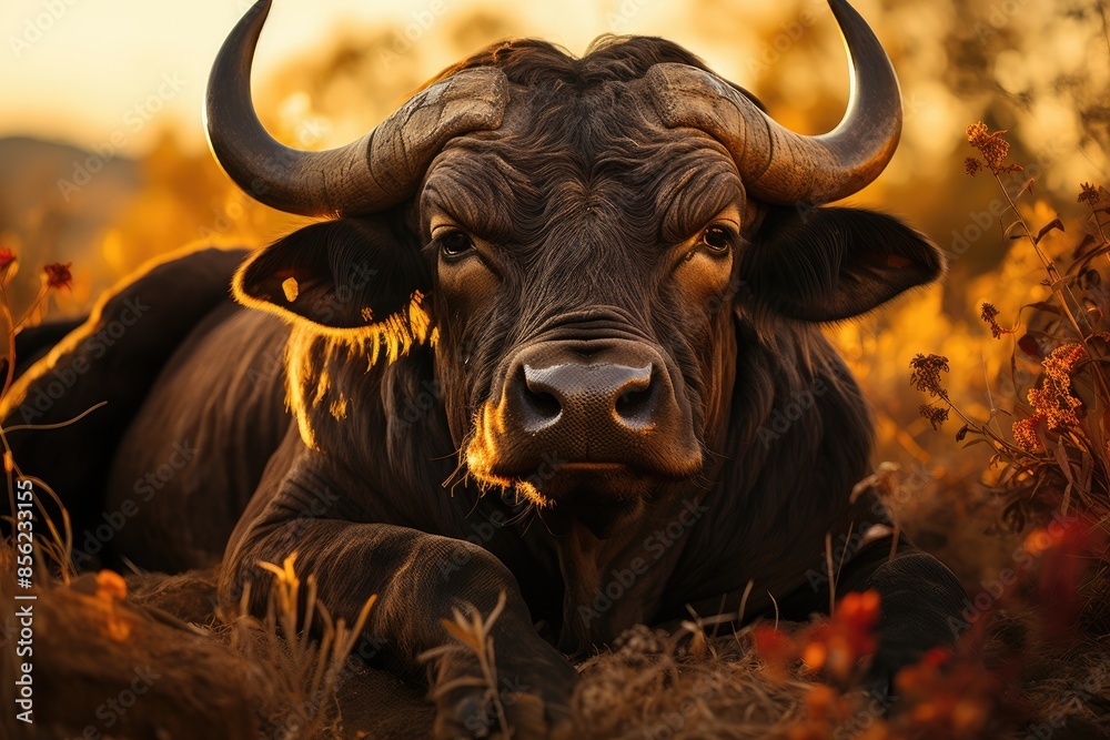 Black bull rests under oak to the twilight., generative IA