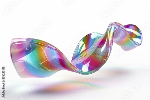 3D rendering of twisted iridescent glass ribbon floating against white background, showcasing interplay of colors and light reflections.