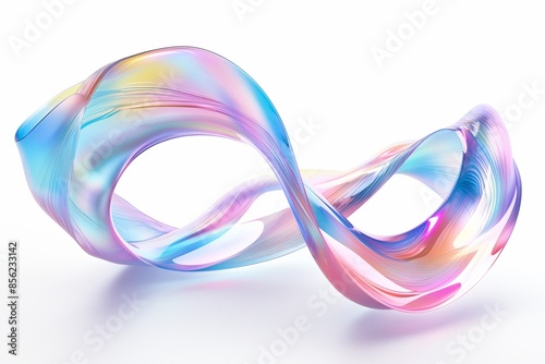 3D rendering of twisted iridescent glass ribbon floating against white background, showcasing interplay of colors and light reflections.