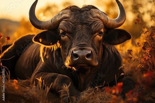Obraz na płótnie Black bull rests under oak to the twilight., generative IA w salonie