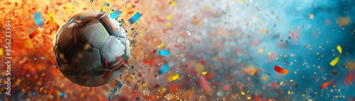 Colorful soccer celebration with a ball and confetti photo