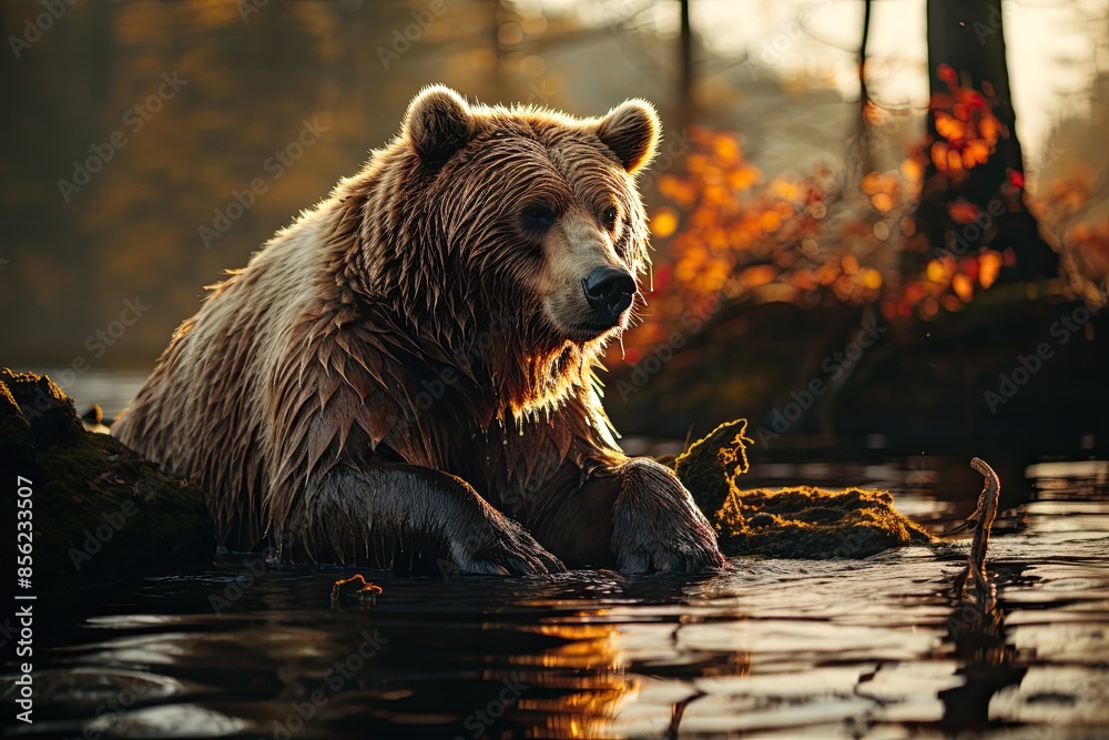 Great bear fishing at dusk in his forest., generative IA Great bear fishing at dusk in his forest., generative IA