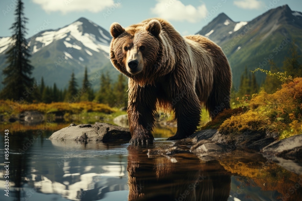 Great bear contemplates lake and mountains in serene forest., generative IA Great bear contemplates lake and mountains in serene forest., generative IA