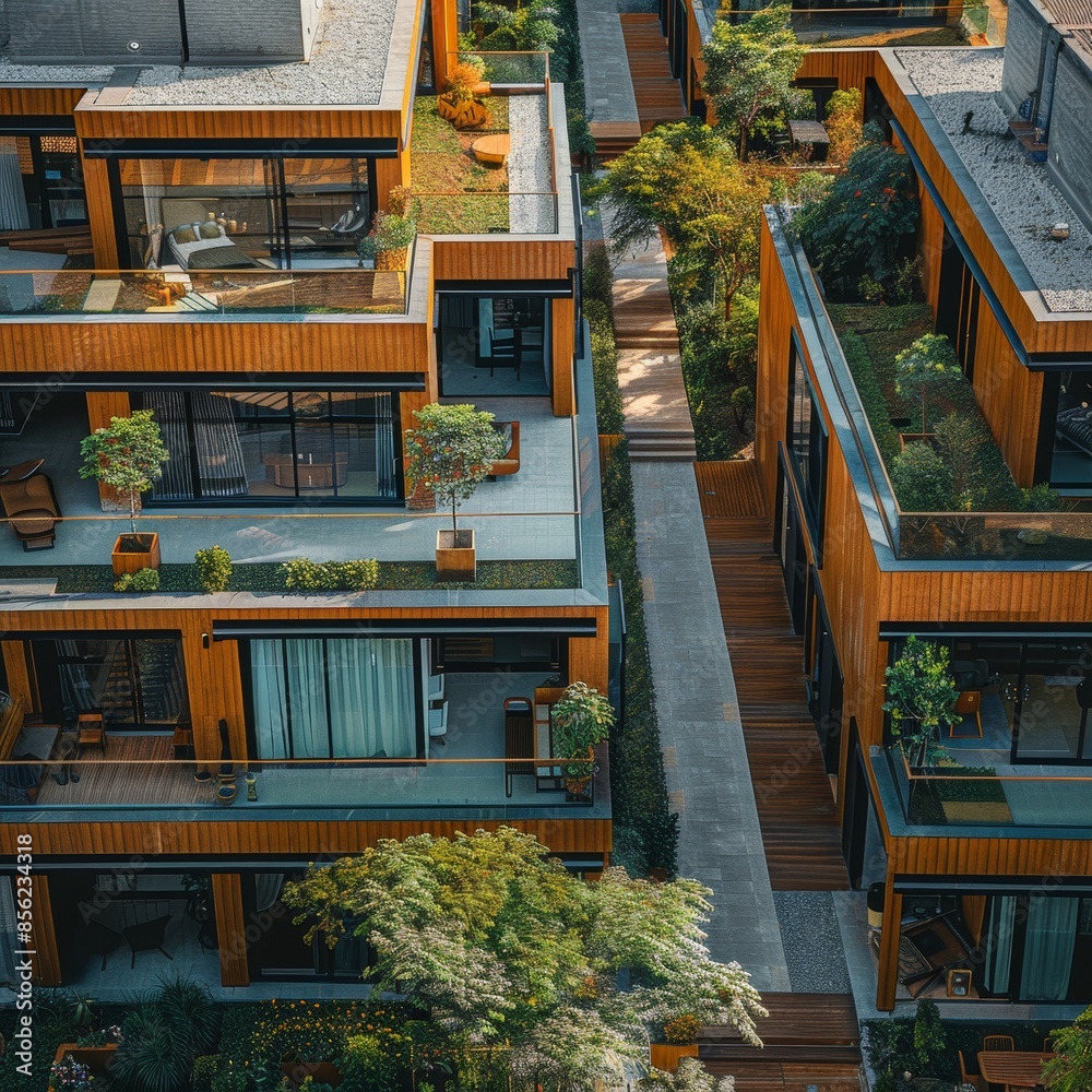 Futuristic Urban Living: Aerial View of Modern Modular Private Townhouses in Innovative Residential Block Futuristic Urban Living: Aerial View of Modern Modular Private Townhouses in Innovative Residential Block