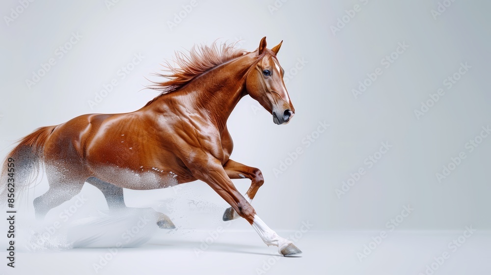 Majestic horse in full gallop, details of muscles and flowing mane, isolated on a clean light background, showcasing speed and grace Majestic horse in full gallop, details of muscles and flowing mane, isolated on a clean light background, showcasing speed and grace