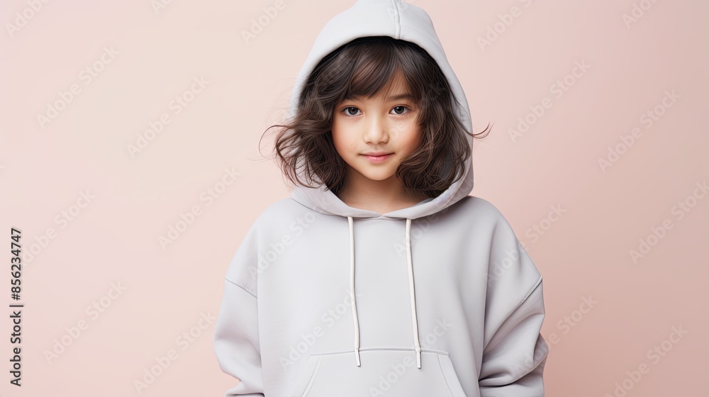 A young girl wearing a light gray hoodie stands against a soft pastel pink background A young girl wearing a light gray hoodie stands against a soft pastel pink background