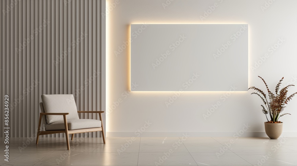Modern minimalist living space with warm lighting, featuring a large empty screen in the center of the room, a comfortable armchair beside, sleek furniture, and clean lines Modern minimalist living space with warm lighting, featuring a large empty screen in the center of the room, a comfortable armchair beside, sleek furniture, and clean lines